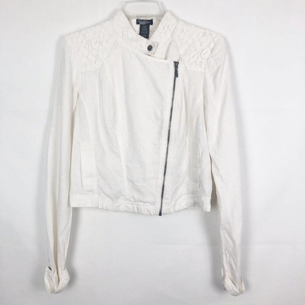 Stoosh Linen Blend Asymmetrical Full Zip White Jacket Juniors Medium
